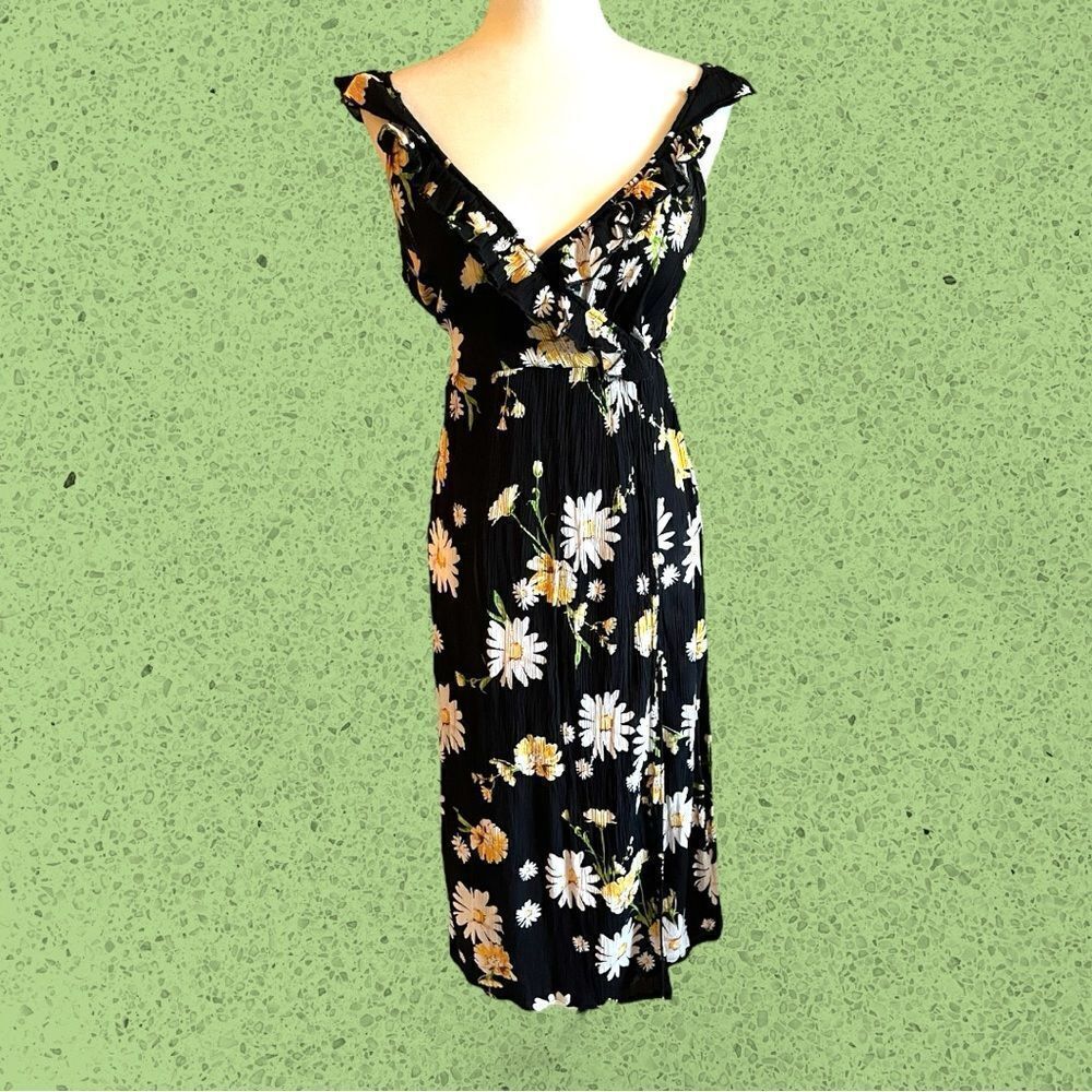 Patrons of Peace black midi wrap sundress daisy floral ruffles